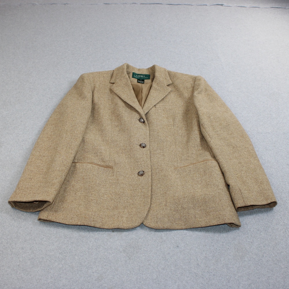 Lauren Ralph Wool Blazer Women 12 Beige Jacket Heritage Academia Equestrian Prep
